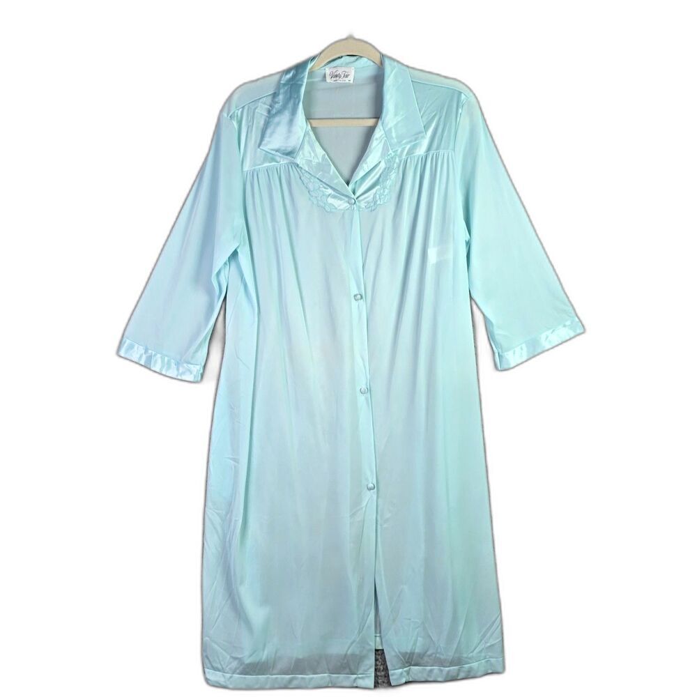 Vanity Fair Vintage Nylon Robe M Aqua Blue Satin Collar Lace Trim Made USA